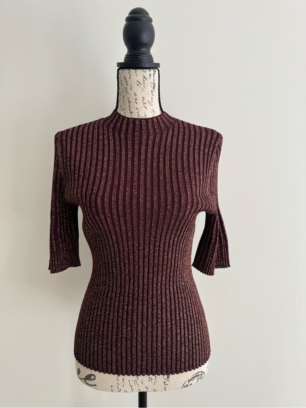 ME+EM Ribbed Short-Sleeve Crew Sweater in Burgundy with Metallic Gold Thread.
